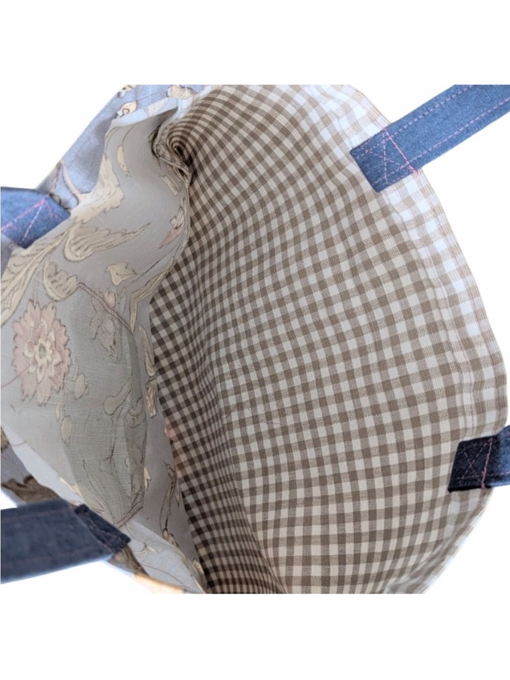 Handmade Floral and Gingham Canvas Tote Bag with Denim Pocket - Picture 4 of 4